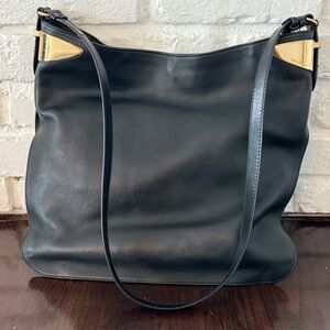 Salvatore Ferragamo Black Leather Shoulder Bag with Gold Accents